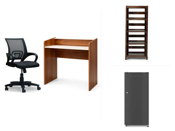 Luna Study Essentials Combo with Office Chair, Hugo Bookshelf And Single Door Fridge